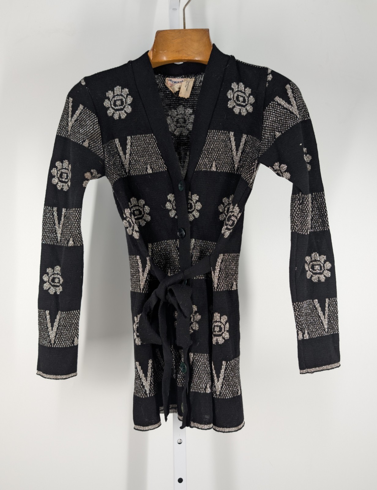 Vintage 60s 70s France Plymouth Disco Mod Boho Silver Intarsia Flower Cardigan