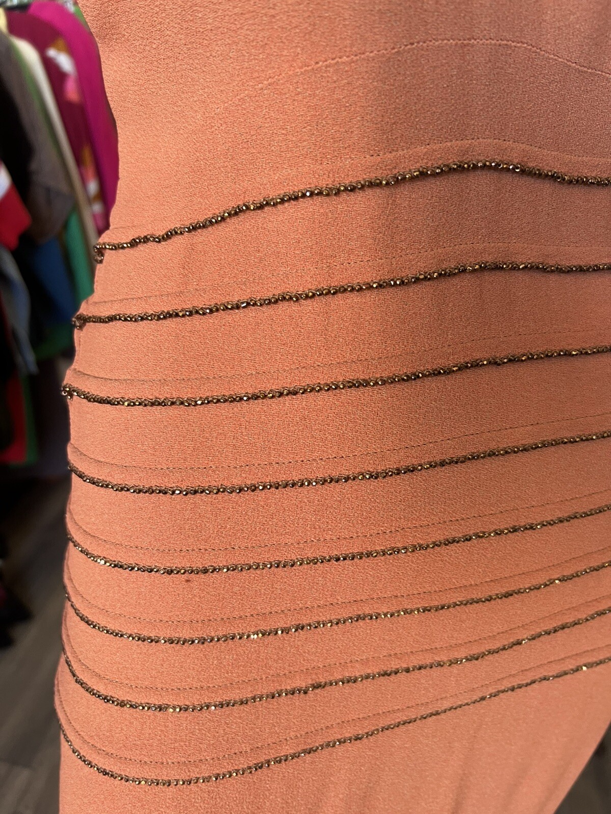 1940s Cinnamon Crepe Dress With Rust Beaded Waist And Fabric Covered Button Back