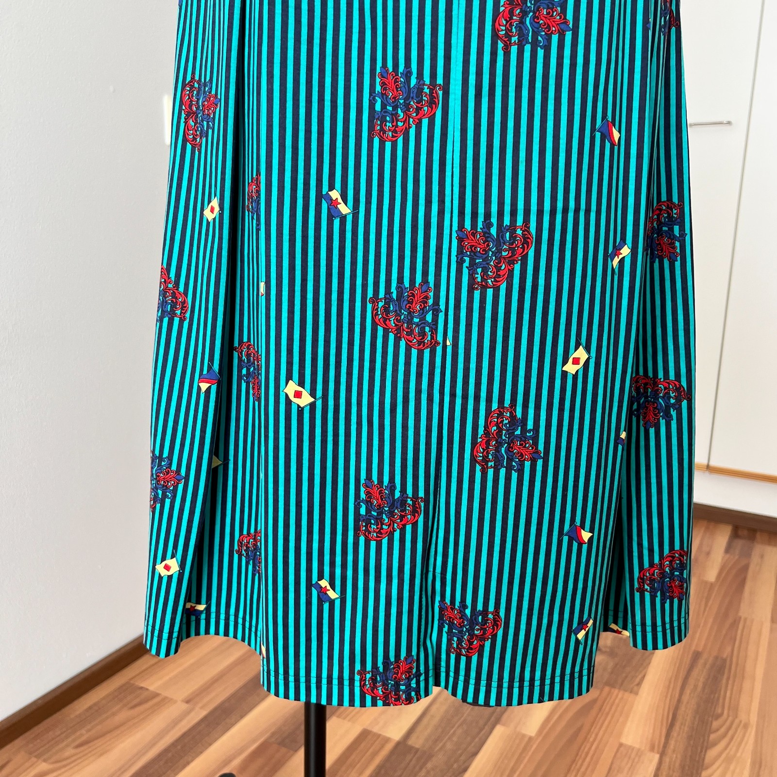 1980s BLEYLE Cotton Pleated High Waist Midi Skirt Preppy Summer Striped Aline 38