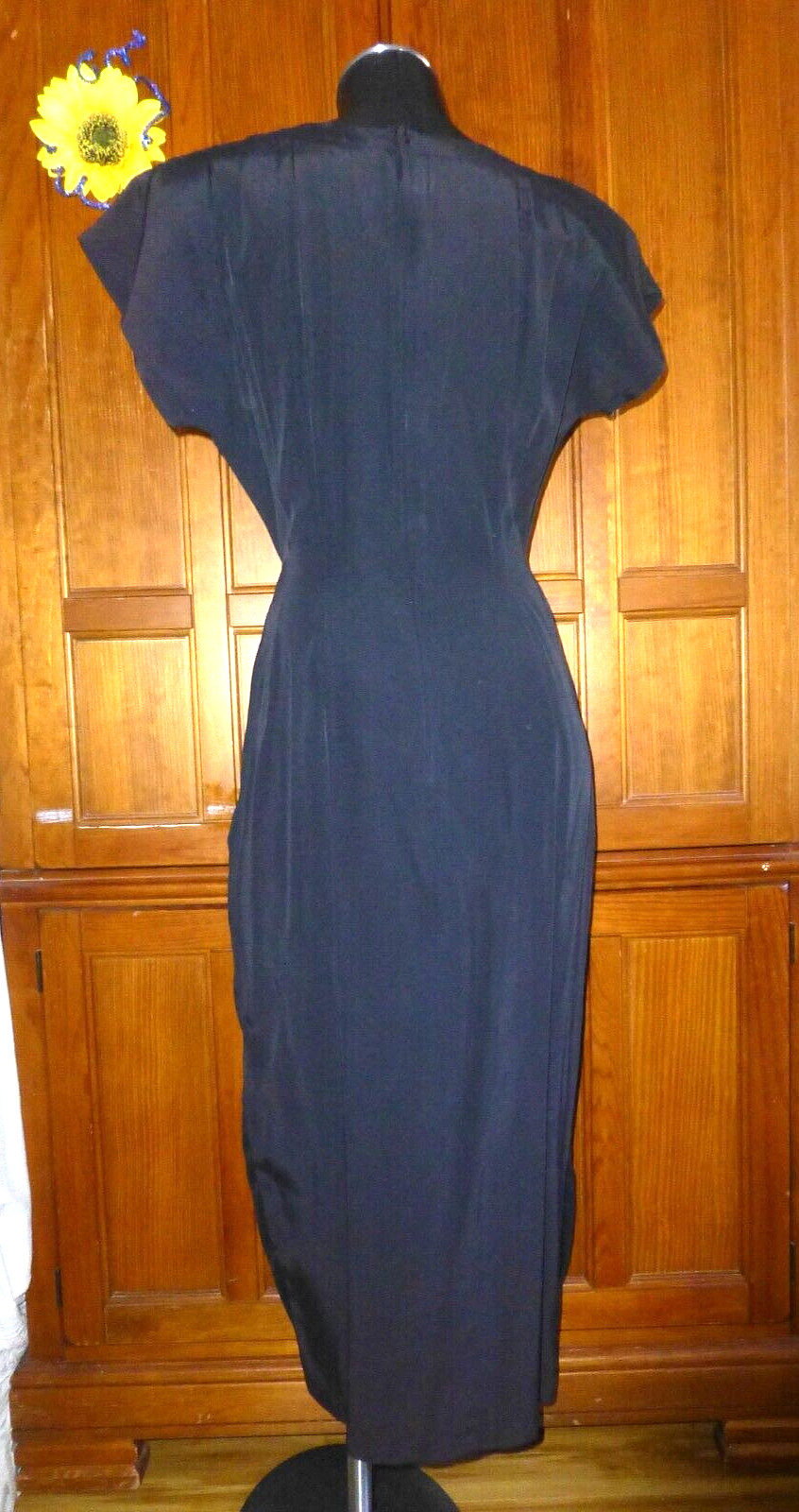 Vtg 80s Black Sarong Wrap Chiffon Skirt Retro Cocktail Sheath Midi DRESS M L