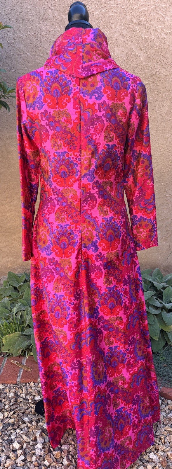 Vintage Thai Silk Bright Pink Psychedelic Cowl Neck Maxi Dress