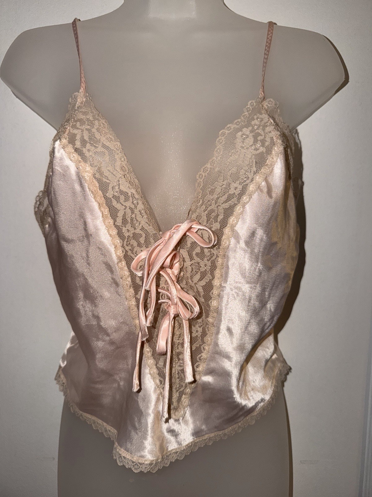 Sedu Pink Satin Lace Trim Camisole Top Polyester Medium Style 7682 1990s