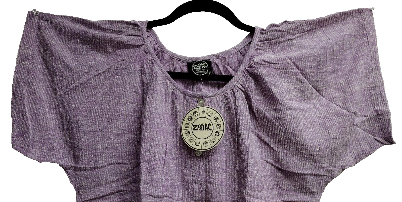 1970s Lavender Shirt Crinkle India Cotton Butterfly Hippie Boho Caftan S/M