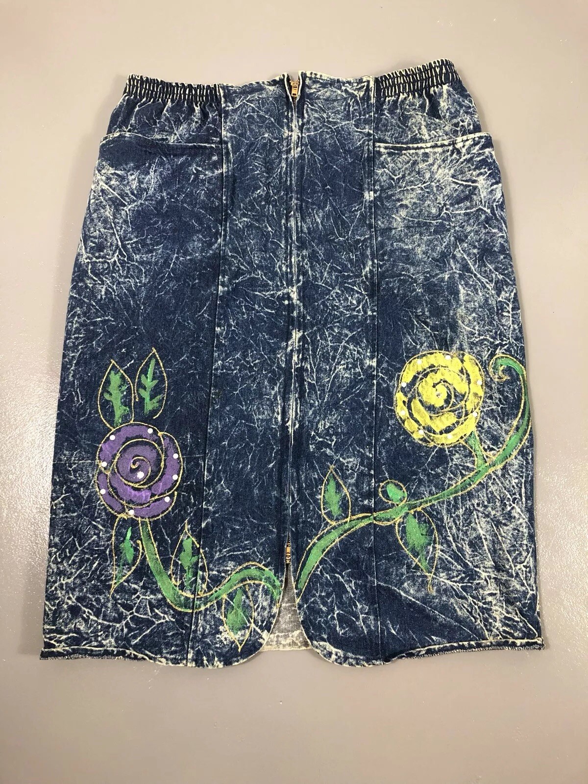 Vintage Acid Wash Weird Art To Wear Paint Midi Jean Skirt Christie Of California