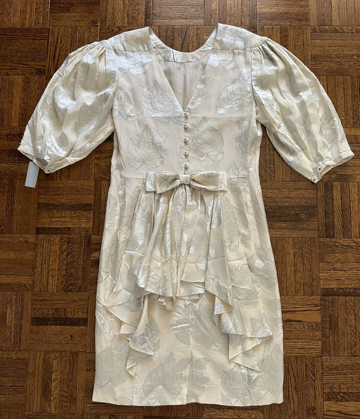 1980s Hanae Mori Silk Dress Metallic Rose Damask Bow Frost Bros VTG