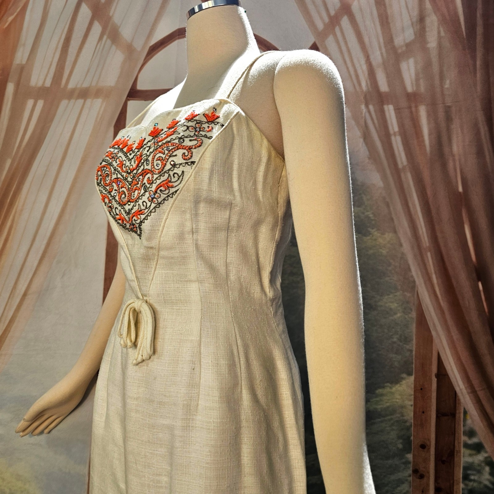 Vintage 1960’s Dress Shift Mod Cream Orange Beads and Rhinestone Embroidered