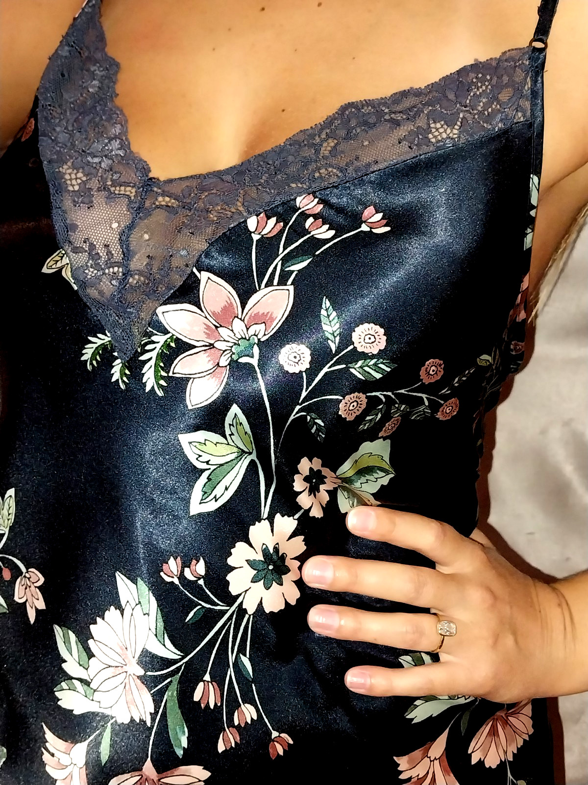 VTG SATIN SHINY FLORAL LACY BABYDOLL NIGHTGOWN GOWN SLIPPERY XL 44 46