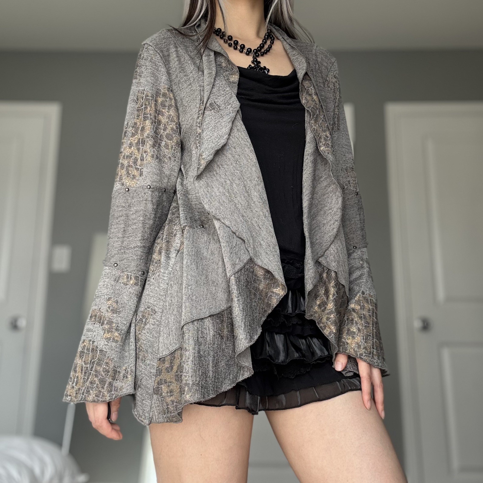 Vintage Mishca Leopard Print Gold Studded Layered Ruffle Cardigan (Women’s M)