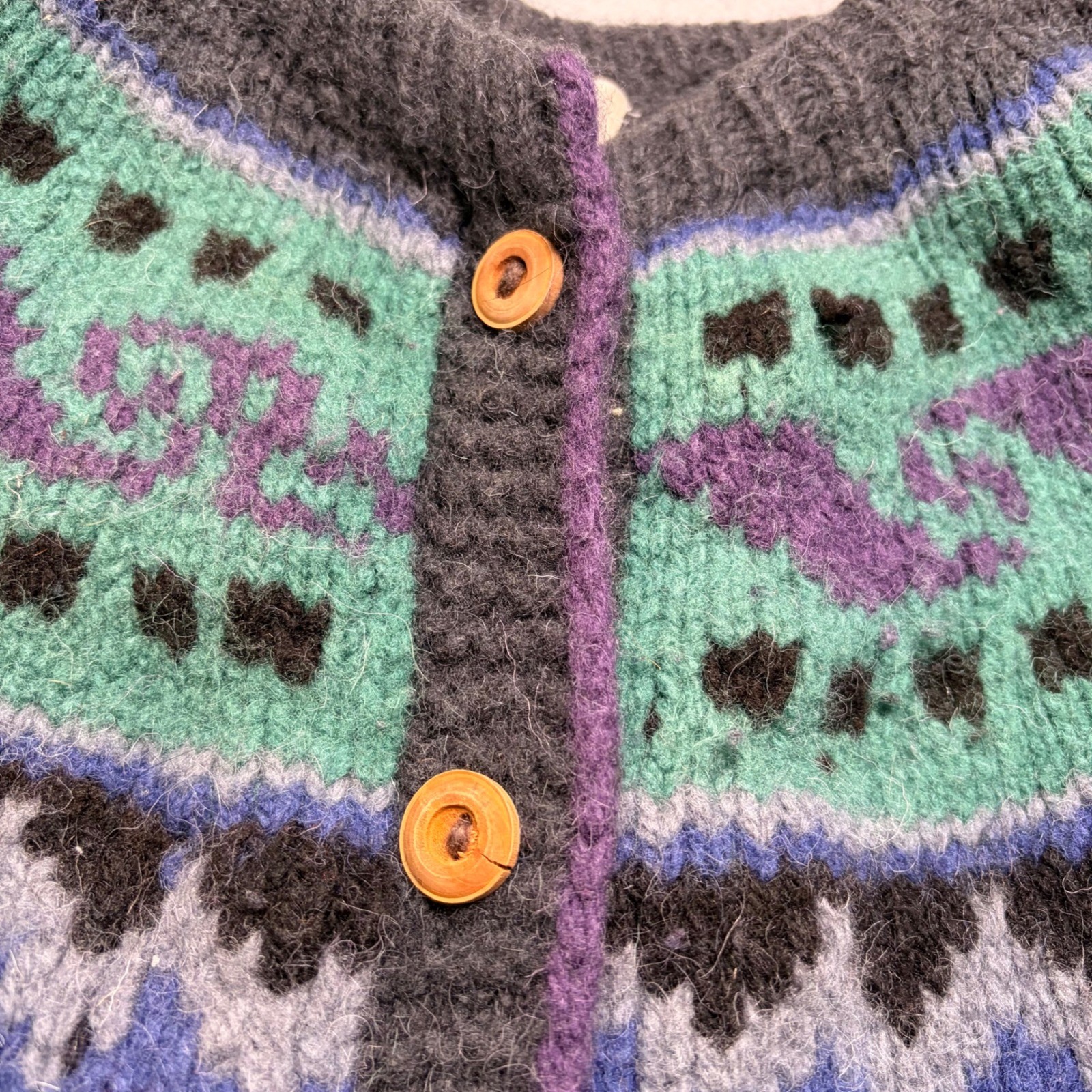 Bolivian Hand Knit Cardigan Women L Purple Teal Fair Isle Wool Vintage Sweater