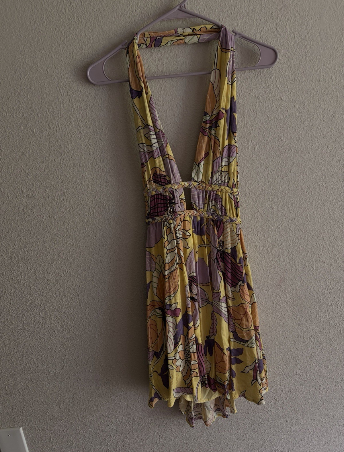 ILLA ILLA Yellow Purple Floral Halter Romper One-Piece Sleeveless Size S