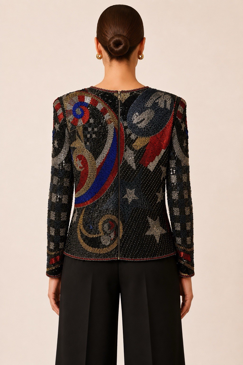 Vintage 80s Beaded Sequin Top Small Abstract Celestial Statement Shoulder Pads
