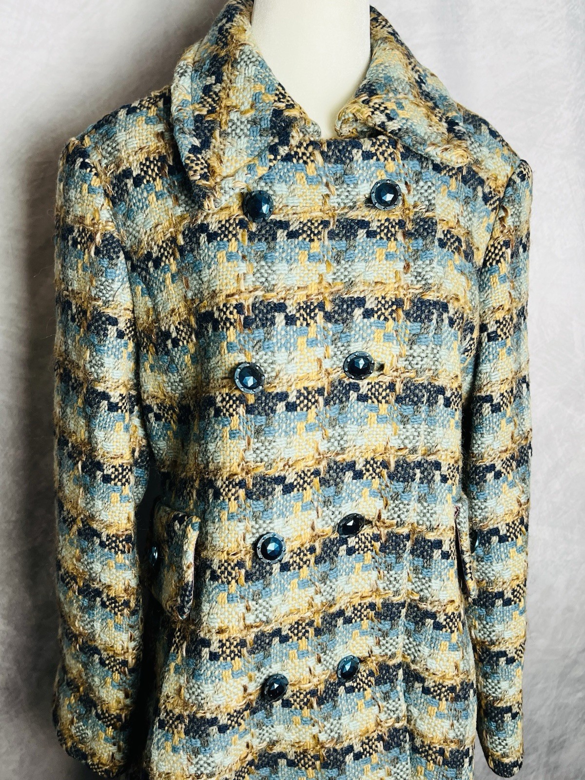 Vintage 1960s Retro Mod Tweed Coat Regal Garment Co. Teal Beige Blue Sz M