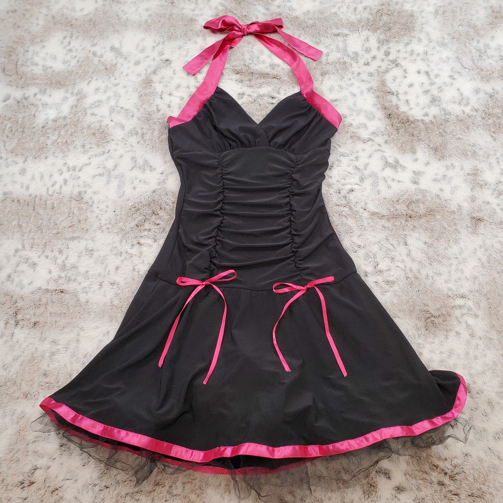 Vtg 90s Y2K Taboo Black Hot Pink Tulle Layered Goth Punk Halter Dress Ruched – M