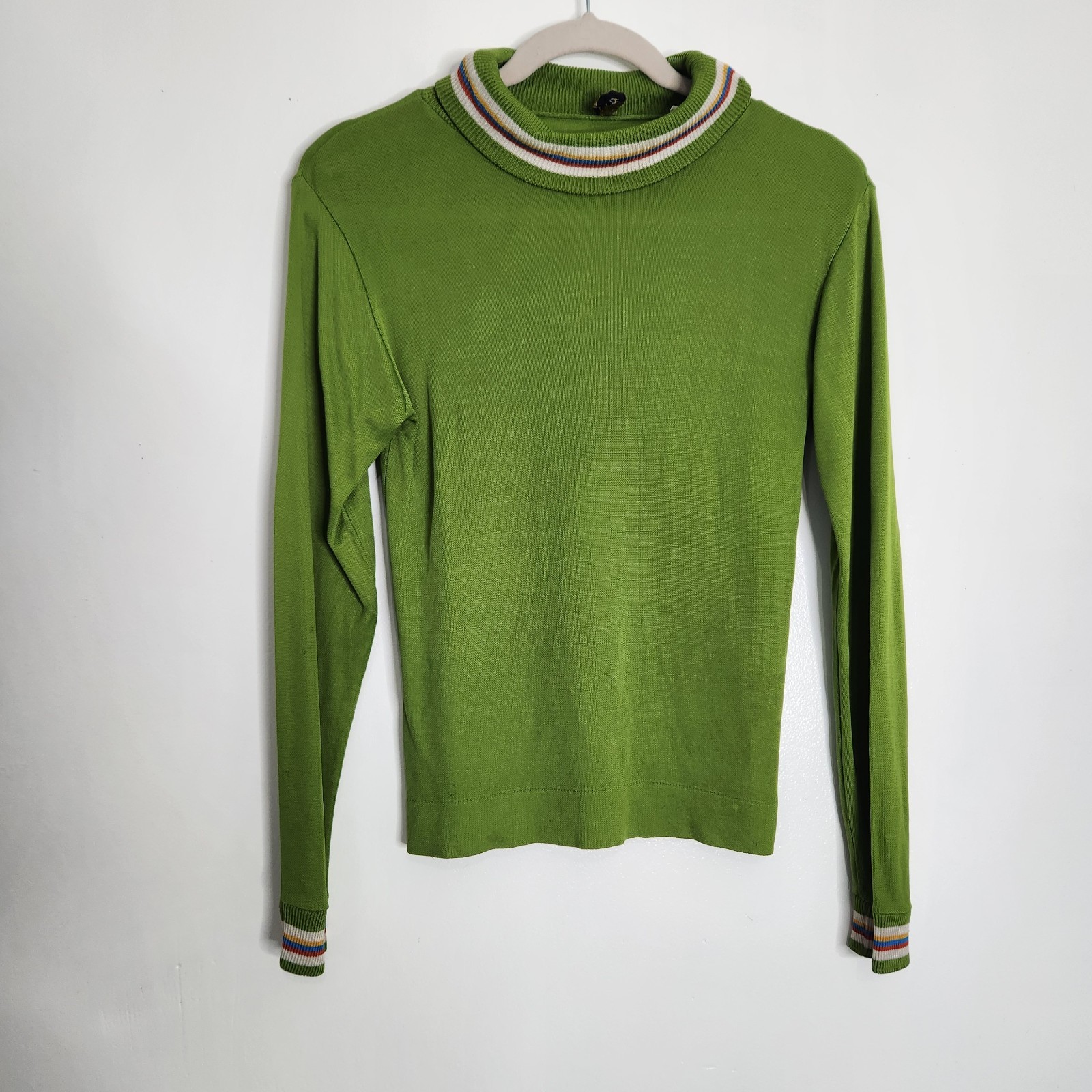 Vintage 70s Andrew Fifth Ave Avocado Green Turtleneck Shirt Rainbow Trim Size 14