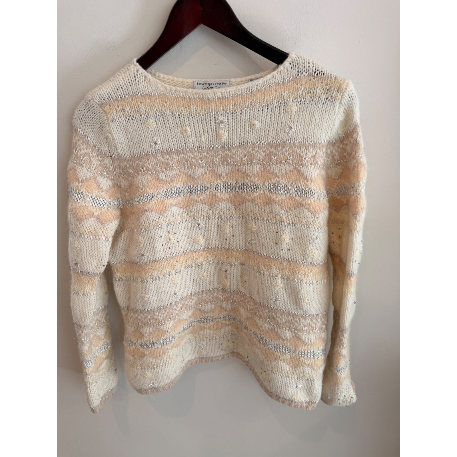 Vintage Wool Angora Sweater Medium Cream Beige Embroidered Soft Knit