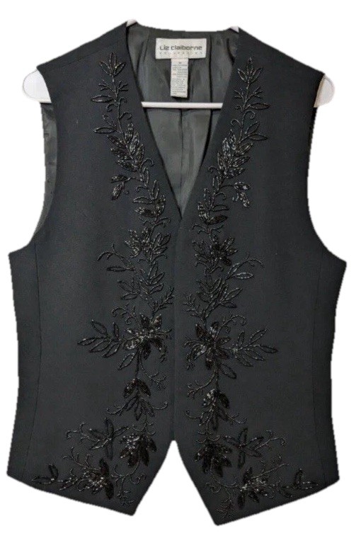 Vintage Liz Claiborne Collection 1990s Bead Embellished Vest Hook/Eye Black M