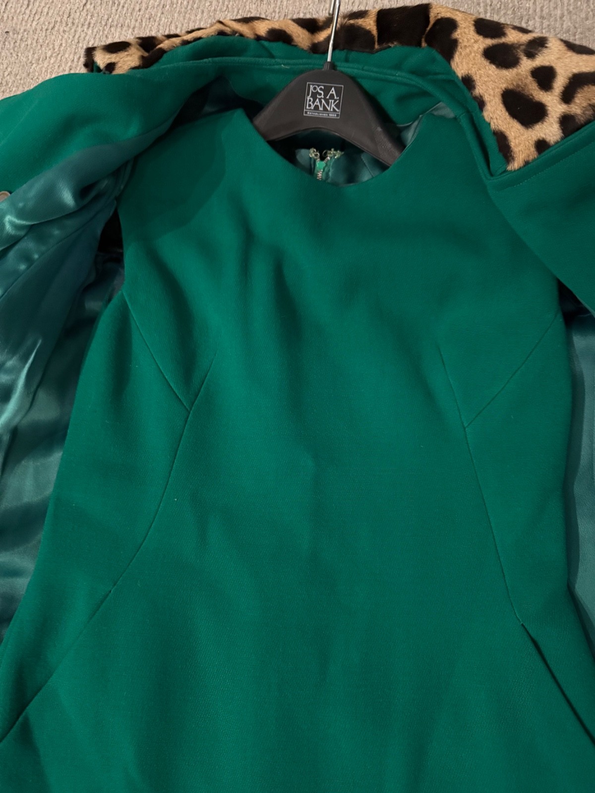 Vintage 60s Wool Coat & Dress Set Leopard Fur Collar Kelly Green approx 4