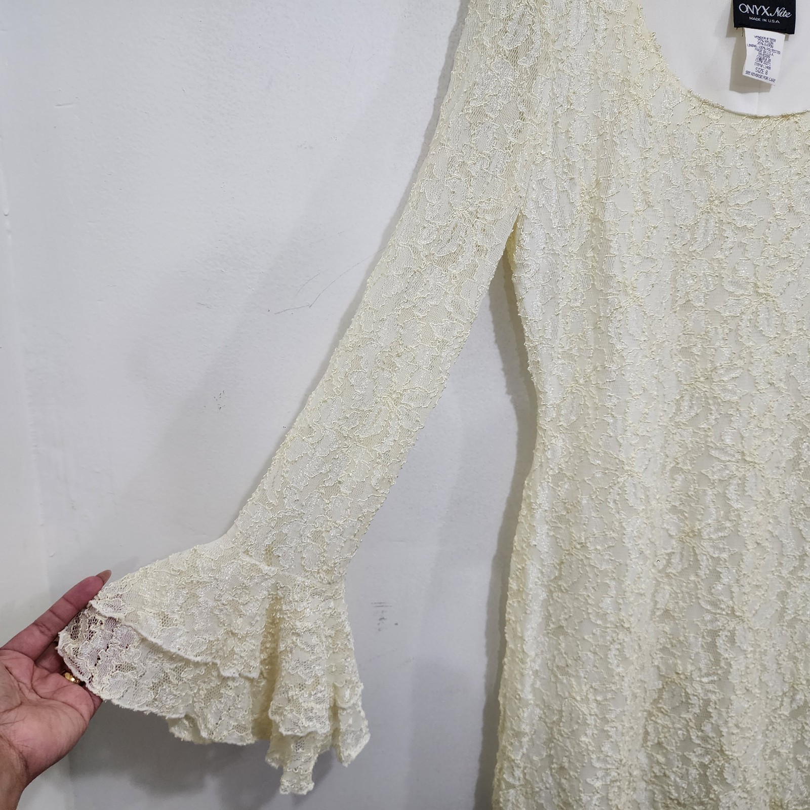 Onyx Nite 90s Vintage Cream Lace Bell Sleeve Mini Dress NEW Womens Sz 8 Stretch