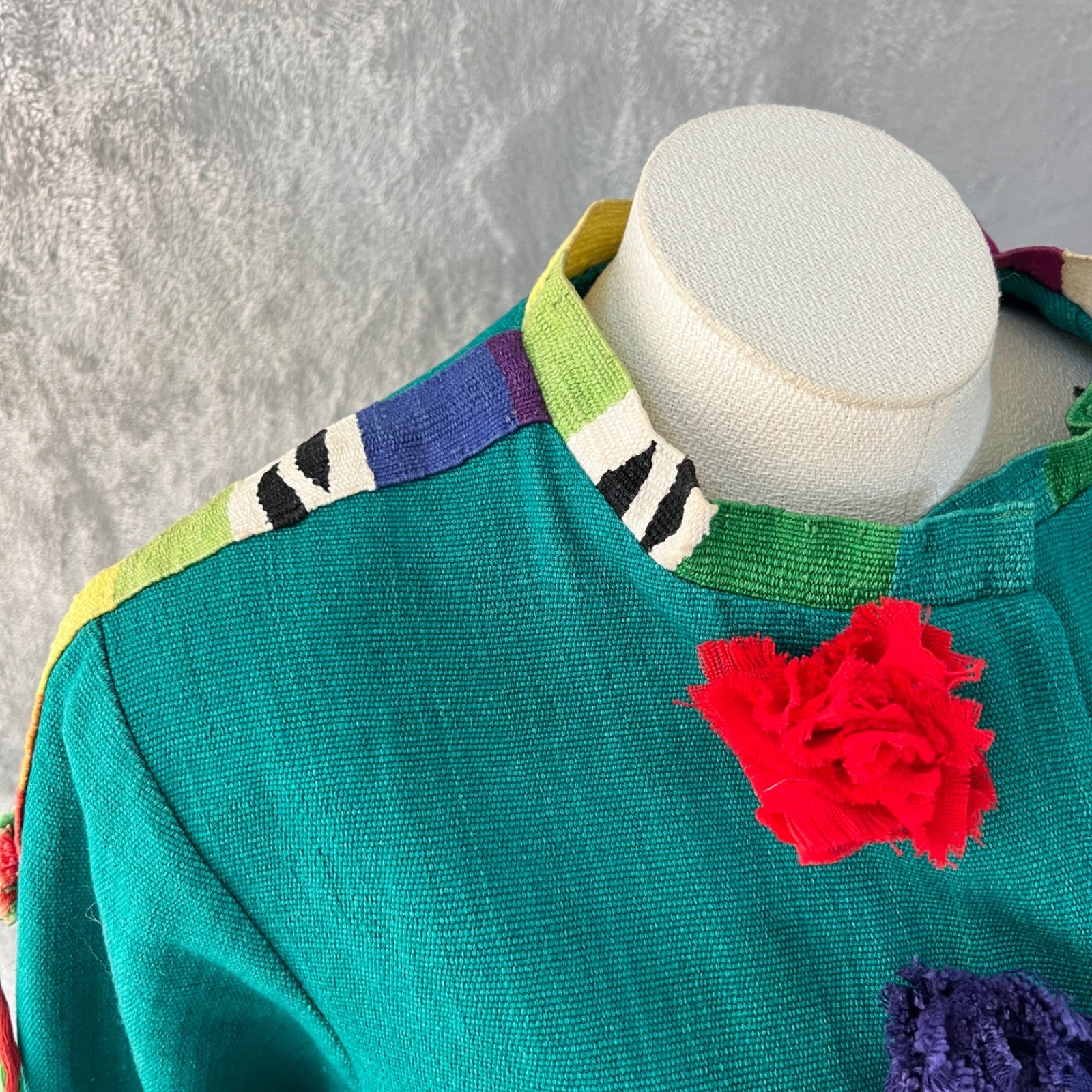 Vintage Women’s Art To Wear Pom Pom Jacket Green size Medium colorful funky
