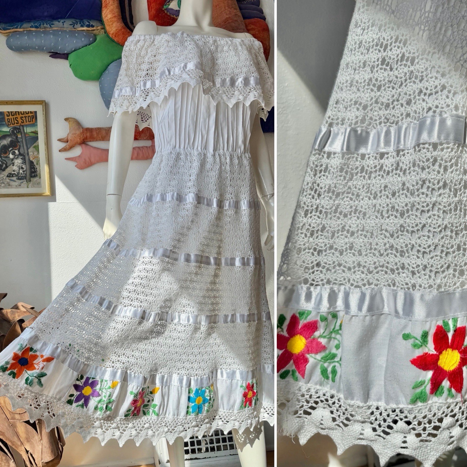 Vintage EMBROIDERED MEXICAN DRESS Wedding Embroidery Peasant Sundress Crochet