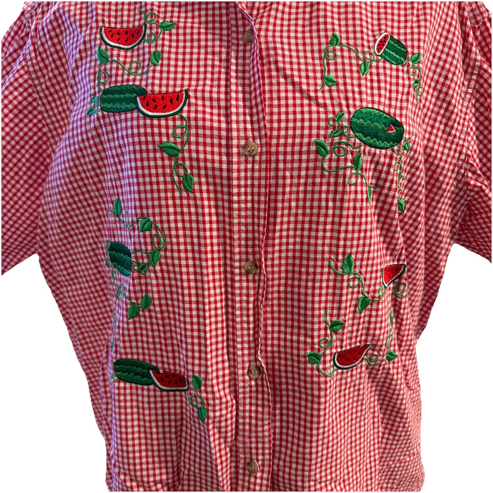 Vtg 90s Mandal Bay Gingham Embroidered Fruit Shirt Size L/XL watermelon Picnic