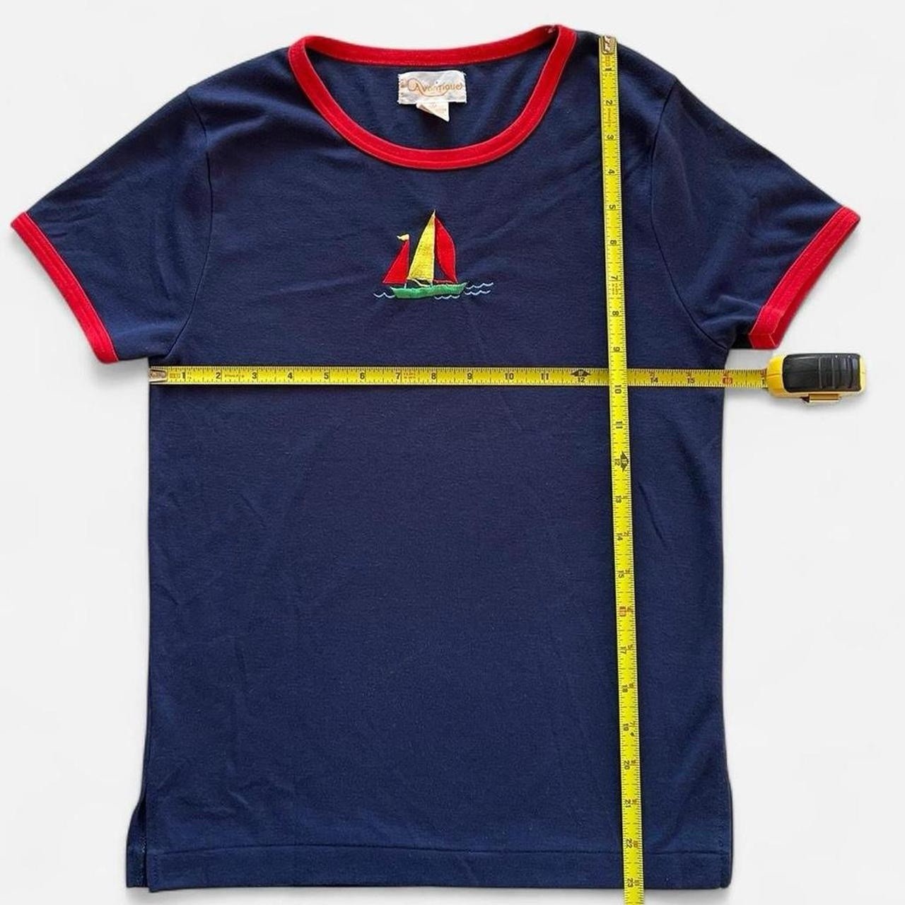 Vintage Avantique Retro Navy Blue Red Ringer Tee Shirt with Embroidered Sailboat