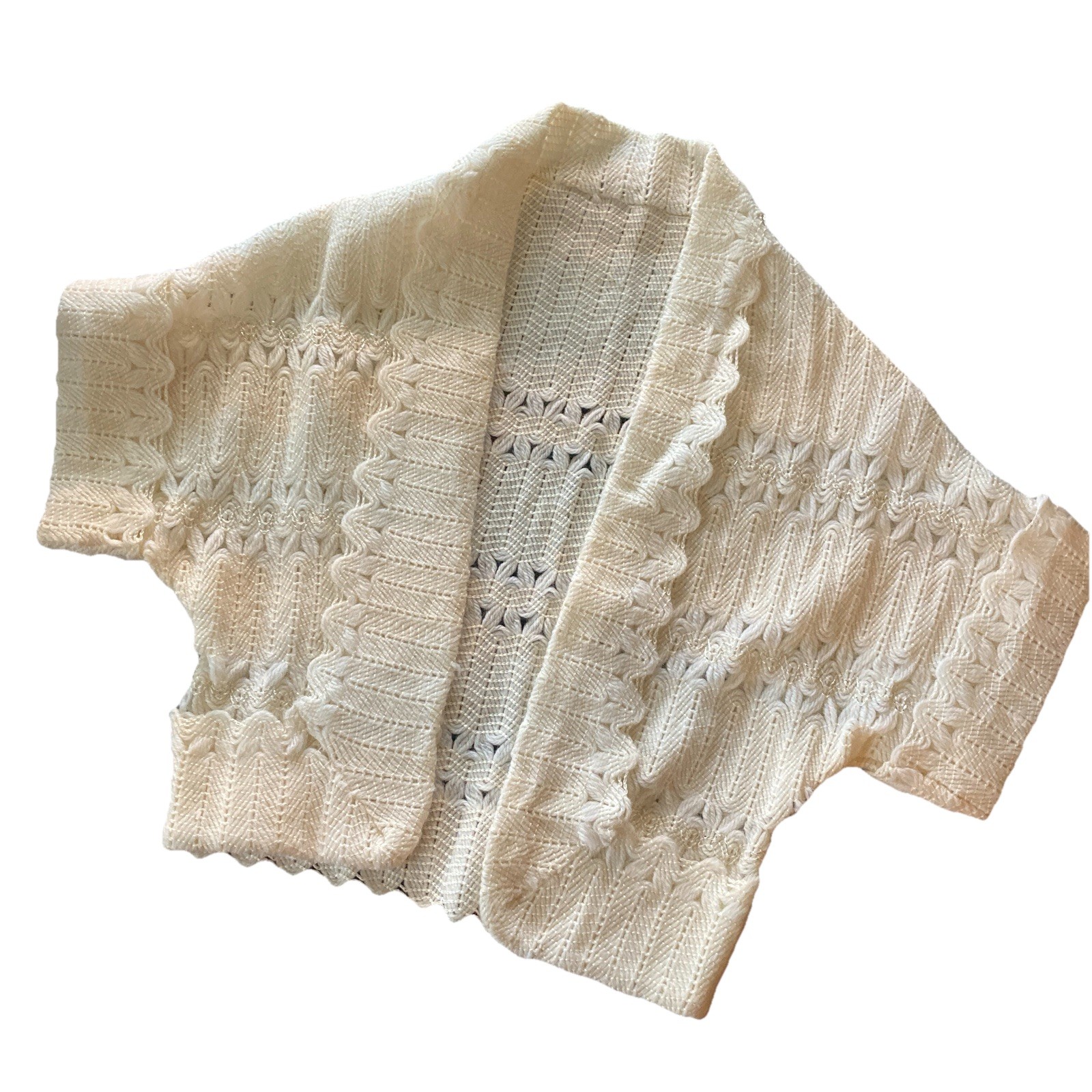 Vintage 40s 50s Ivory Crocheted Shrug Sweater Cardigan Bolero Scallop Womens