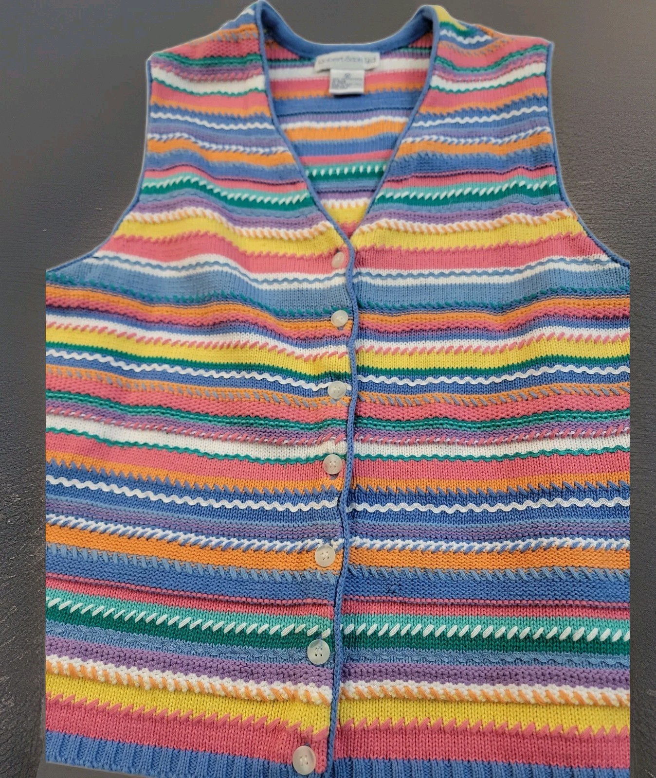 VTG 90s ROBERT SCOTT-LTD Stripe Crochet Womans Vest Med 17×22