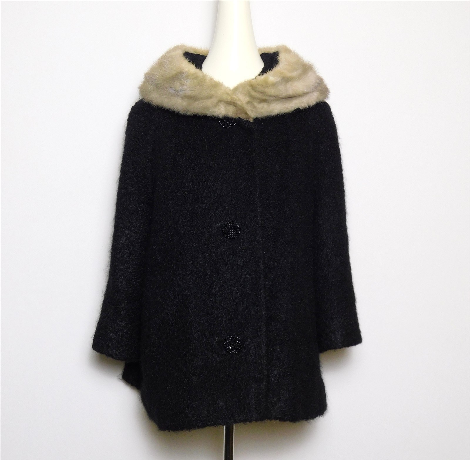 Vintage 1950s Women’s Gothic Black Mink Fur Collar Curly Lambswool Coat Jacket
