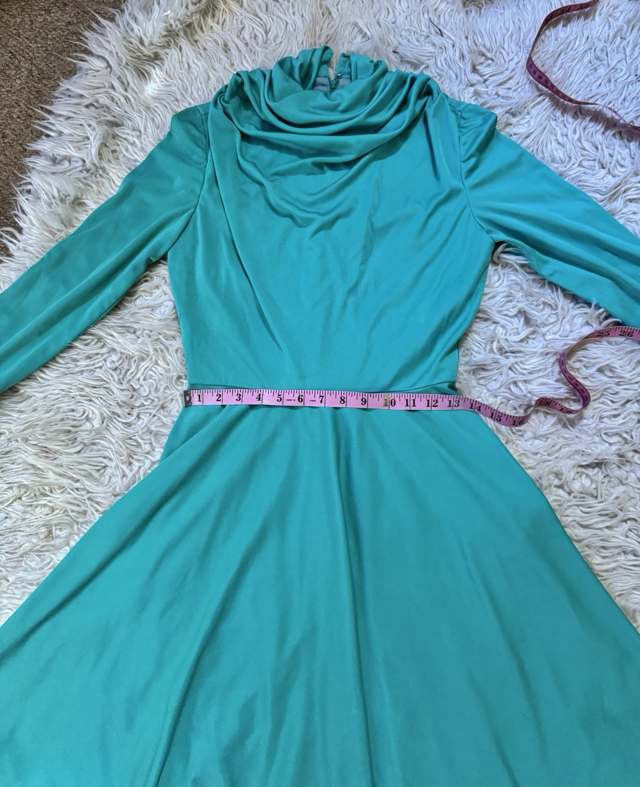 Vtg Lilli Diamond Green Cowl Grecian Draped Jersey Dress 60s Goddess LS XS S