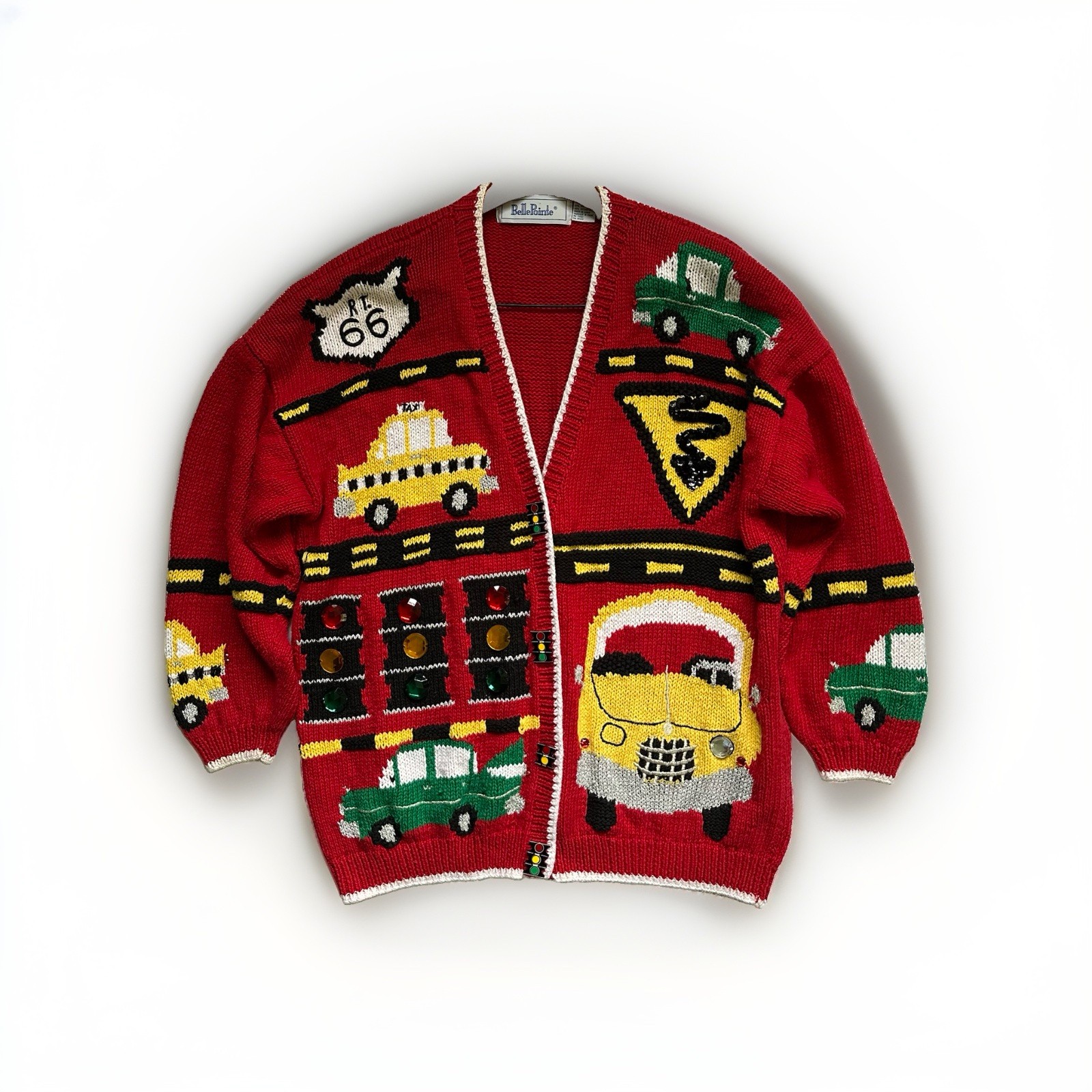Vintage 90s Women’s Cardigan Knit Sweater Traffic Lights Taxi Bus Cars Sz 1X