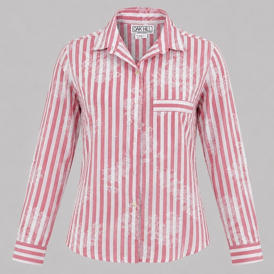 Vintage 90’s Oak Hill Red White Striped Floral Button Down Shirt Size 8 Made USA