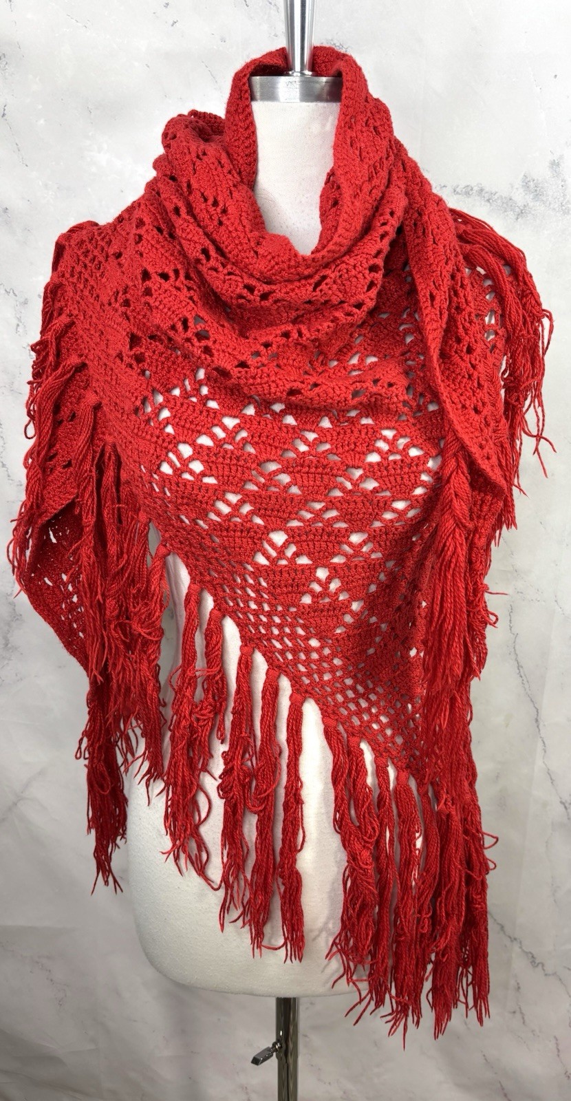 Vintage 70s Crochet Knit Shawl Red Cape Wrap cottagecore Boho Hippie Festival
