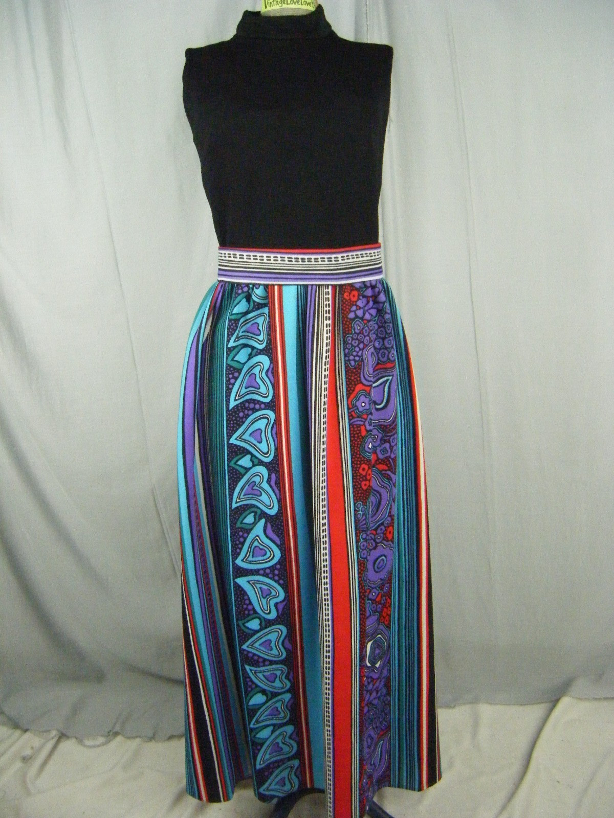 Vtg 60s Black/Purple/Red/Blue Mod Printed Knitted Belt Dress-Bust 34/3XS-2XS
