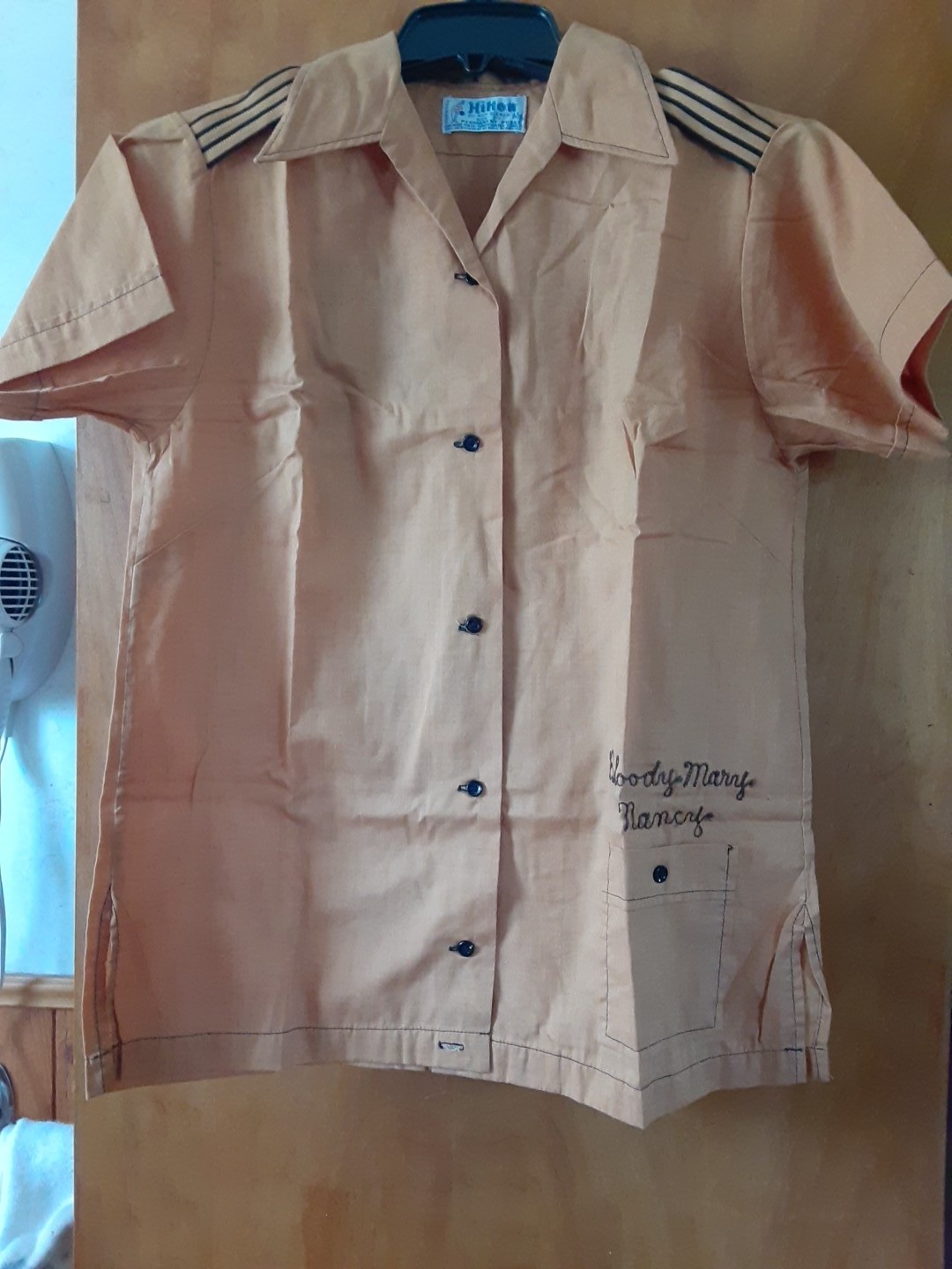 Vintage womens Sz 34 Hilton bowling shirt Adv. Itel Corp. Bloody Mary Nancy name