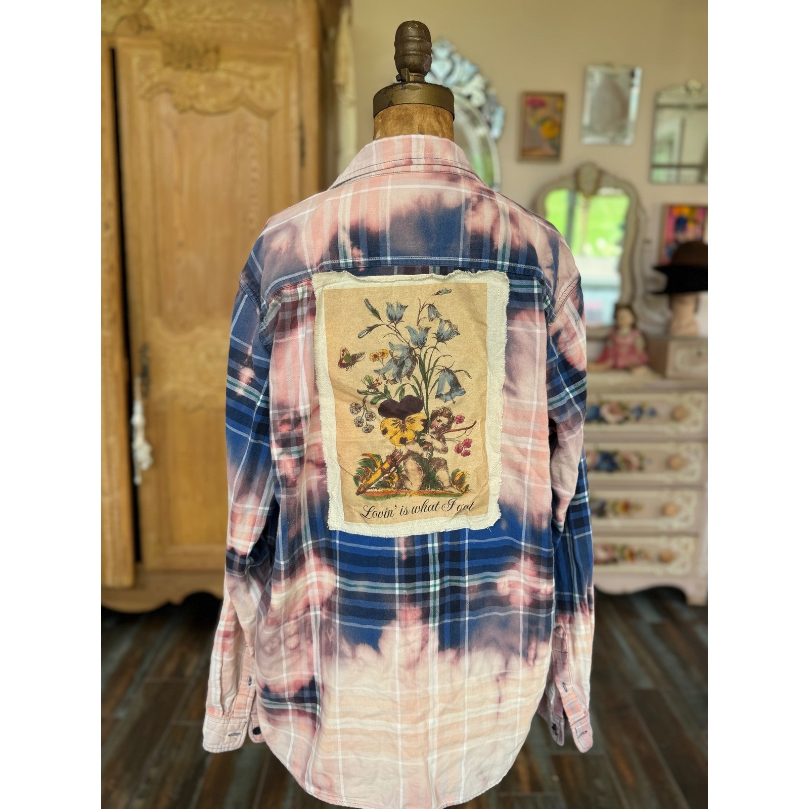 Lovin’ Is What I Got” Bleached Cotton Flannel Shirt Large Folk Art
