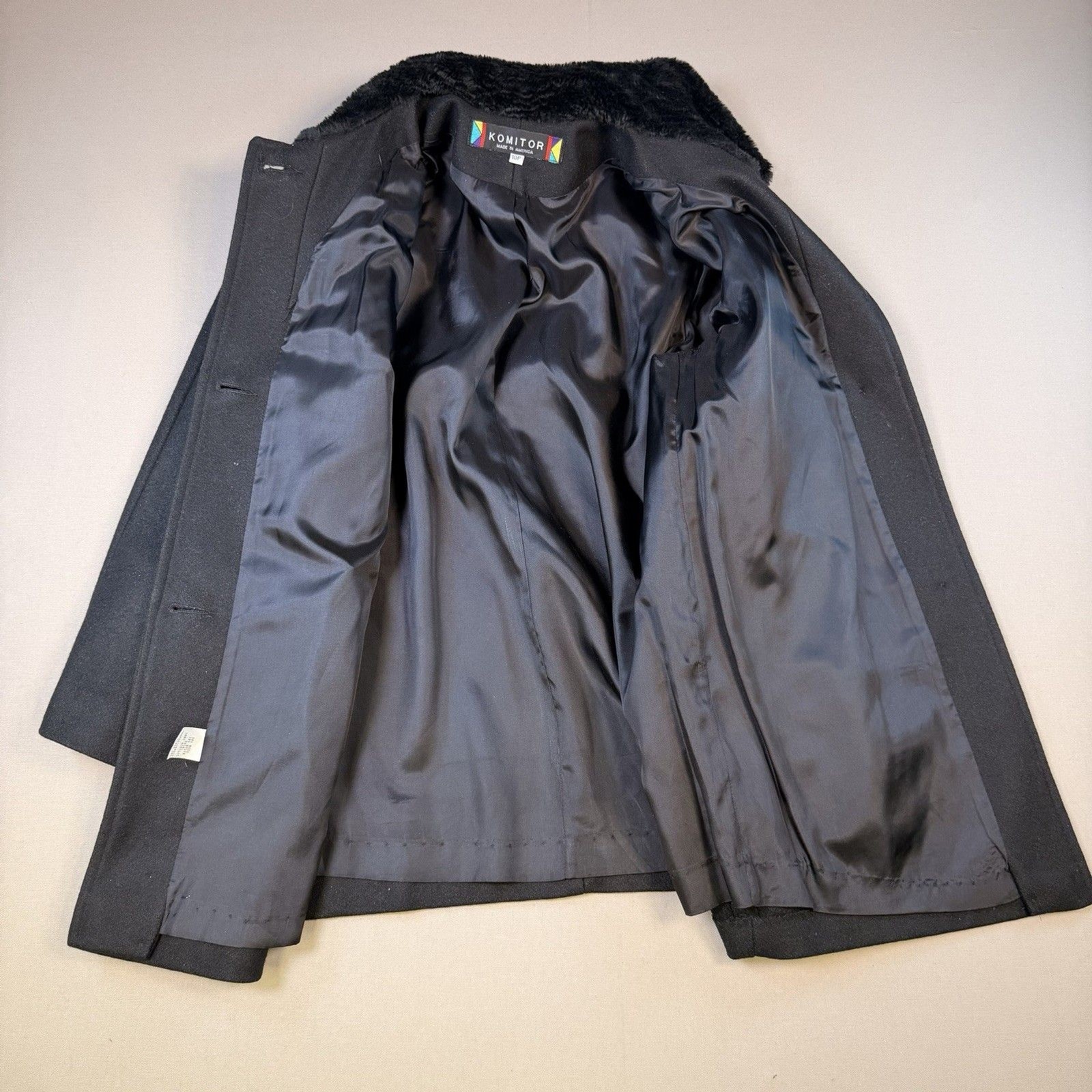 Komitor Stunning Women’s 10P Black Wool Faux Fur Trim Warm Coat Made in USA