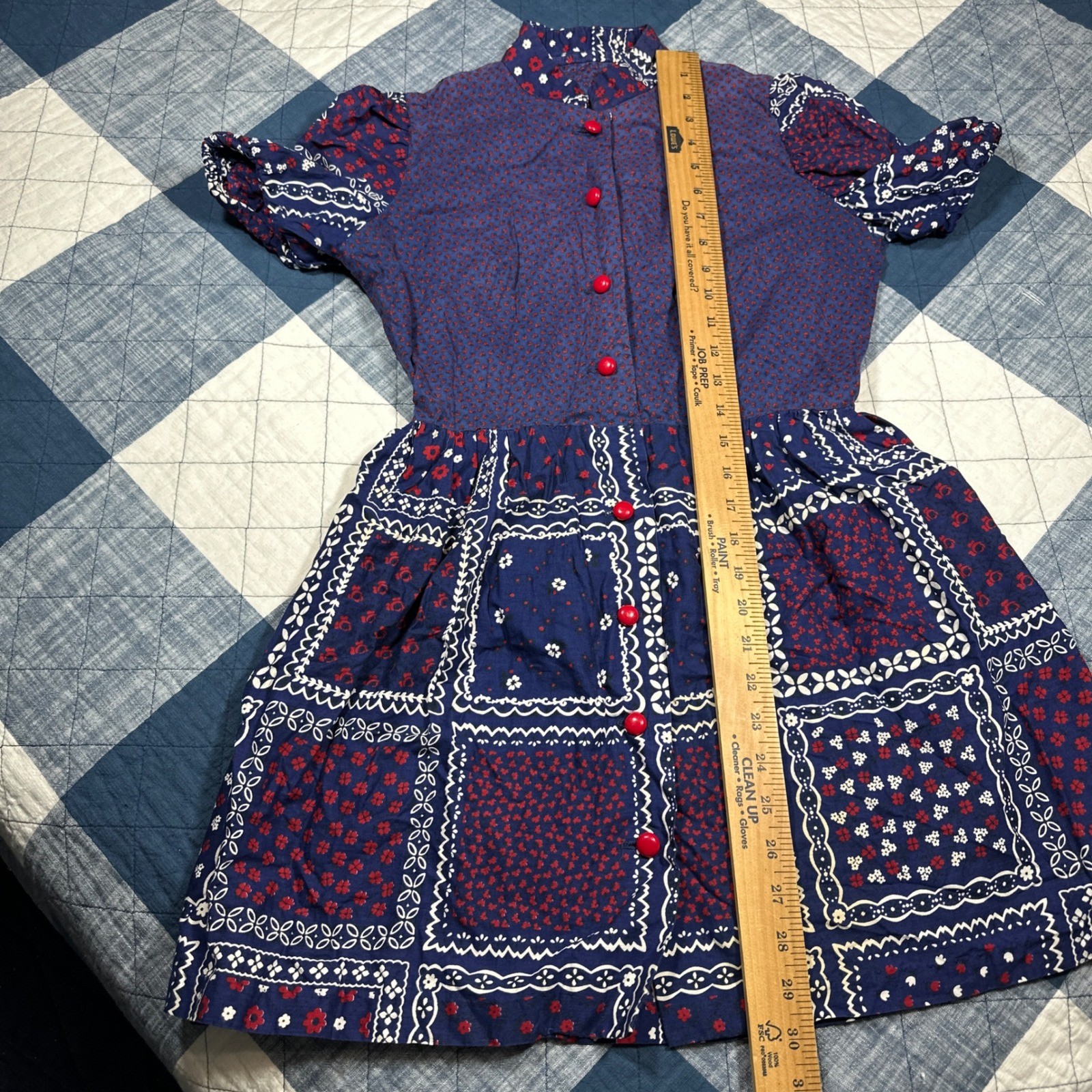 Vintage 70s Patchwork Bandana Prairie Dress Navy Red Button Down Modest Juniors