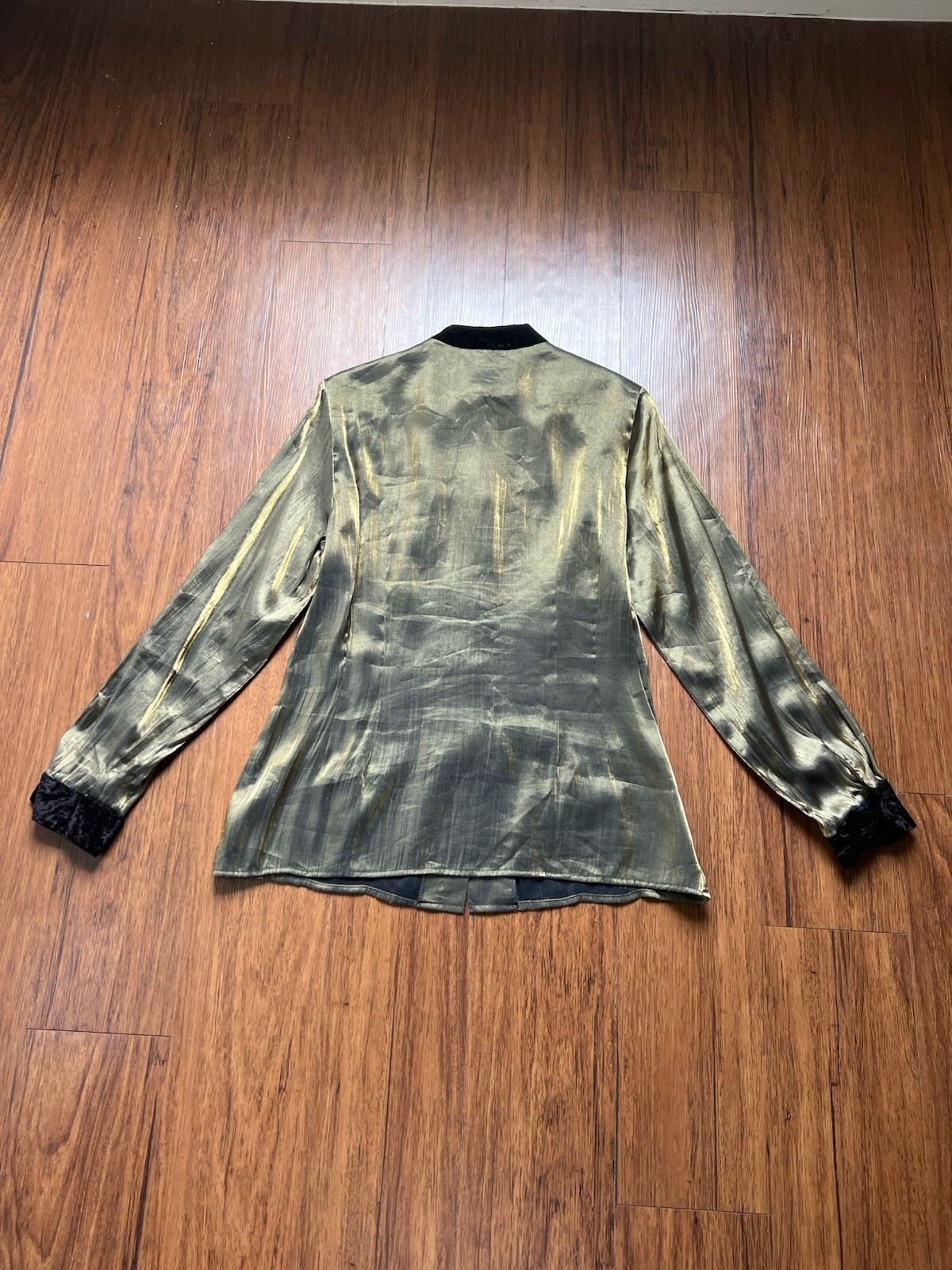 Vintage 90s Evening Blouse Shirt Long Sleeve Metallic Black Gold Mandarin Velvet