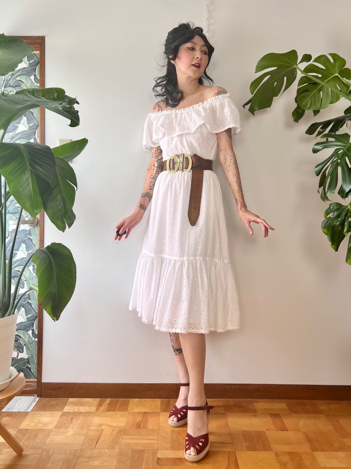 VTG 70s Lanz White Eyelet Lace Off Shoulder Ruffle Cotton Midi Prairie Dress S