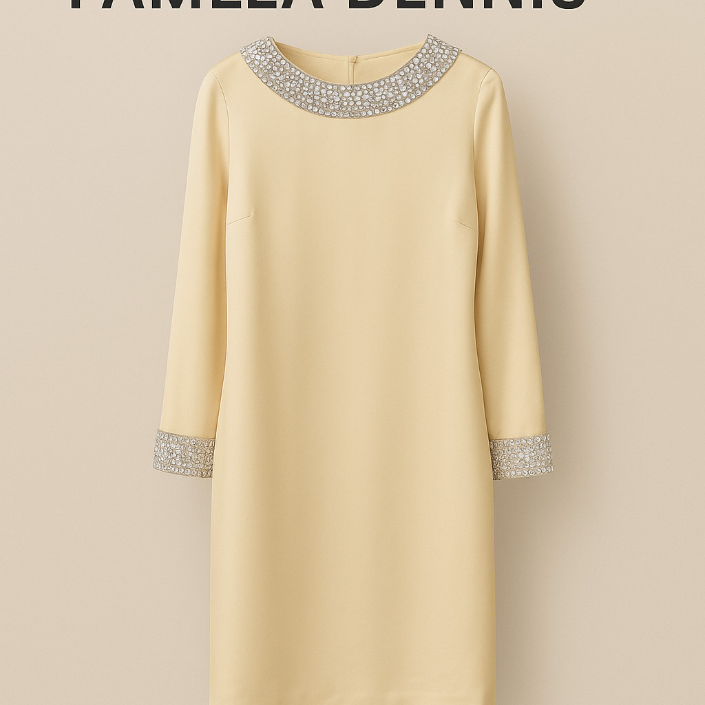 Vintage Pamela Dennis New York 100% Silk Beaded Jewel Collar Cocktail Dress Crea