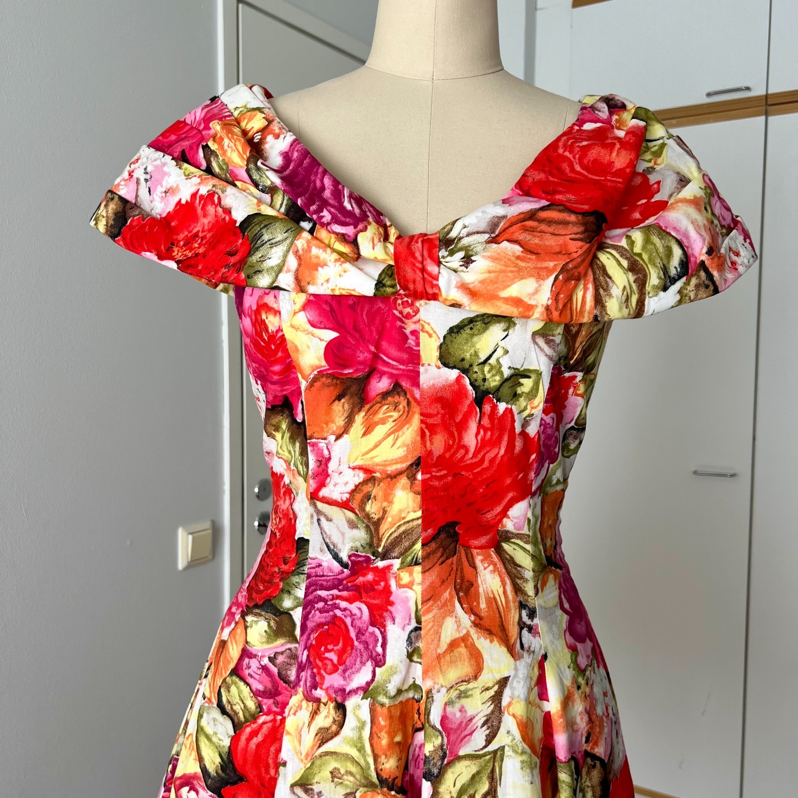1980s Floral Rockabilly Cotton Dress Off Shoulder Fit & Flare Pin Up Party Retro