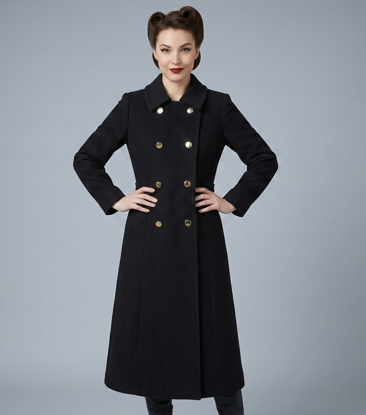 Vtg 60s Black Wool Pea Coat Jacket Double Breasted Long Trench Mod Dark Academia