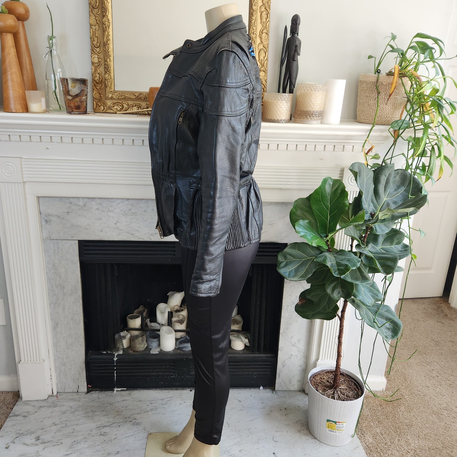 Vintage 80s Black Leather Moto Jacket Racing Biker Skull Size Medium Rocker