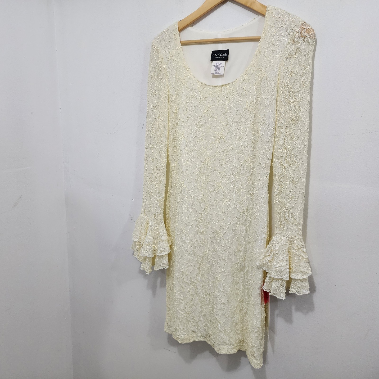 Onyx Nite 90s Vintage Cream Lace Bell Sleeve Mini Dress NEW Womens Sz 8 Stretch