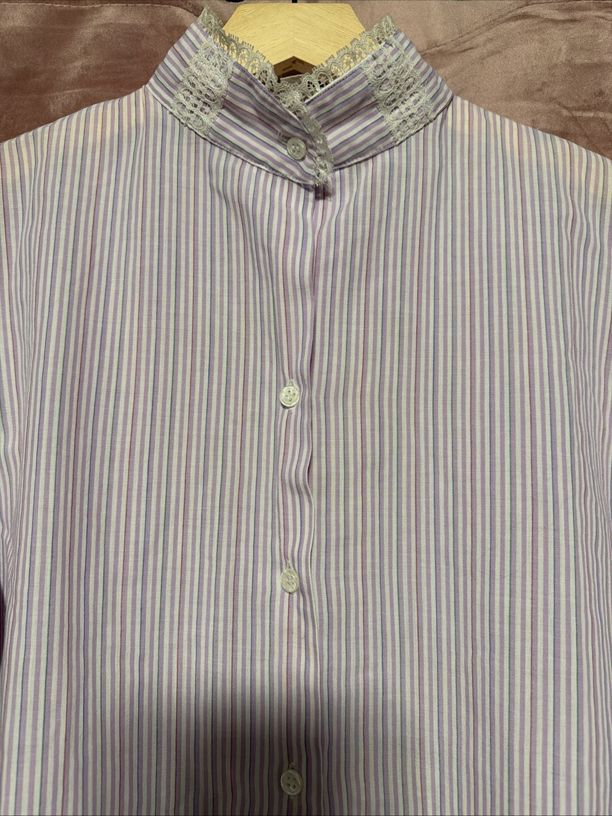 Vintage Stuart Lang Button Up Blouse 9/ 10 Lavender Stripe Lace Long Sleeve