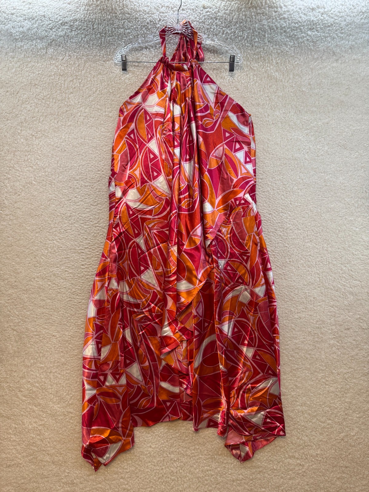 Y2K Vintage Halter Midi Maxi Dress 2XL XXL Pink Orange Satin Sleeveless Boho