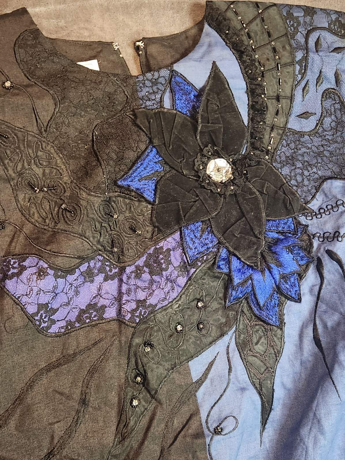 Vintage Anne French Dress Womens 10 Blue Black Ramie Floral Embroidered C*