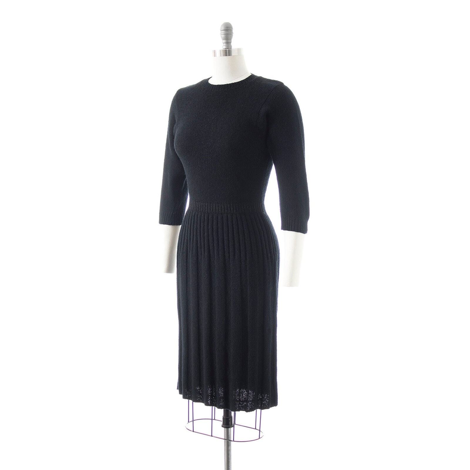 Vintage 1940s 1950s Sweater Dress Black Knit Wool Stretchy Sheath Pin Up Wiggle