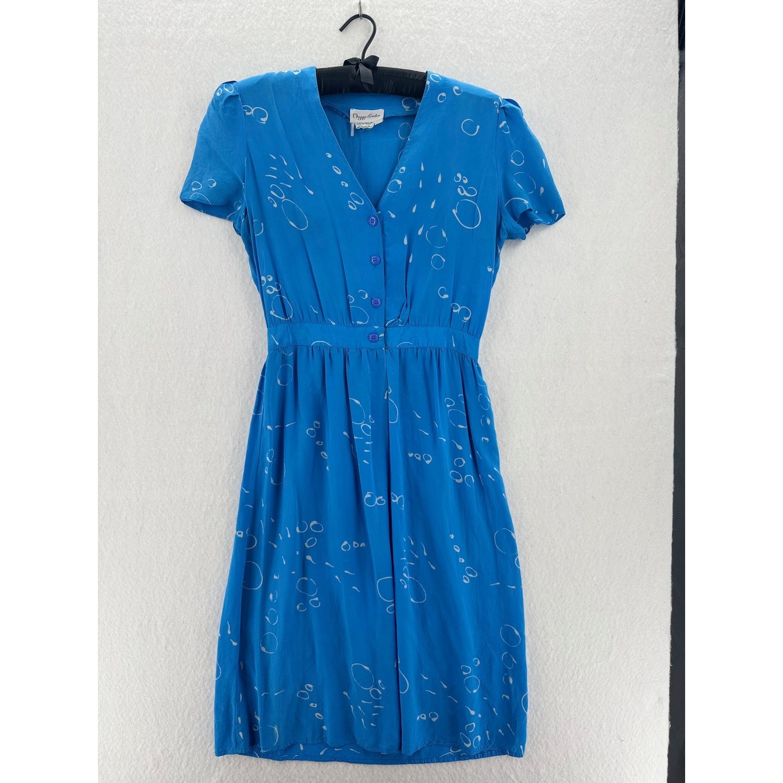 Vintage Maggy London 100% Silk Blue Abstract Bubble Print Dress V-Neck Size 6